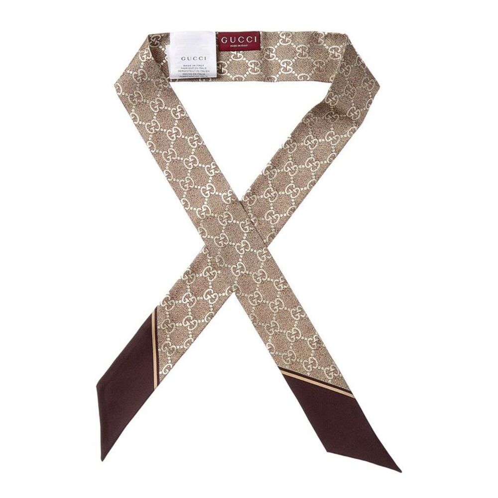 Gucci Gg Logo Printed Silk Neck Bow, Brown